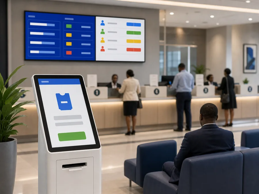 Bank queue management kiosk and counters