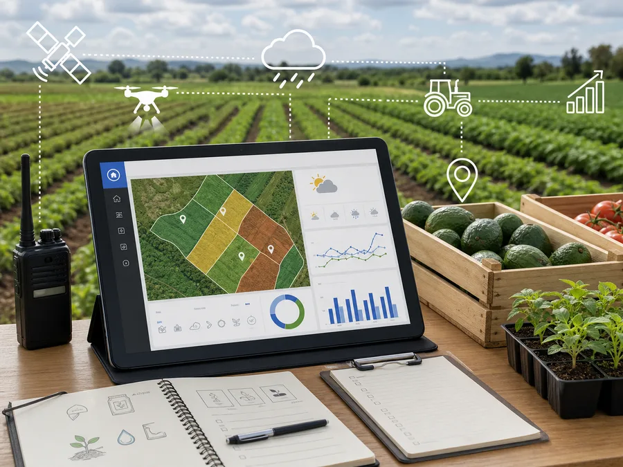 Farm management tablet dashboard overlooking crop rows