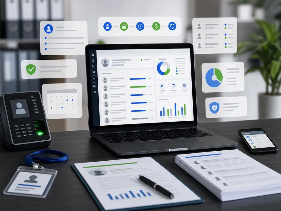 HR operations desk with payroll dashboard and biometric check-in device