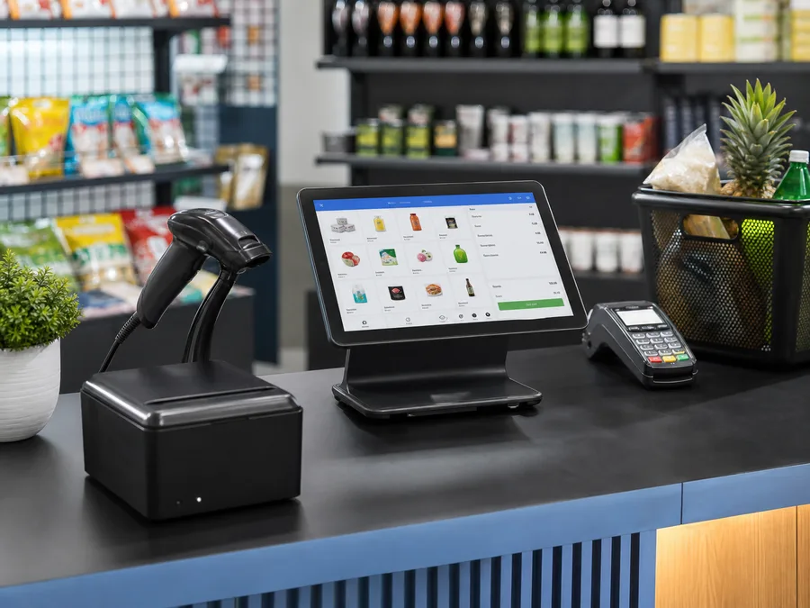 Point of sale terminal at a modern retail checkout counter