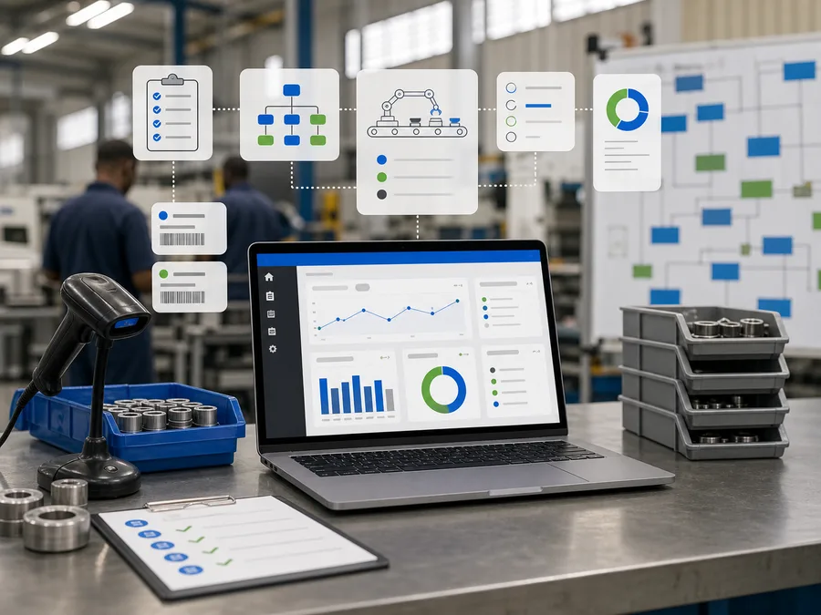 Production management dashboard on a manufacturing workstation