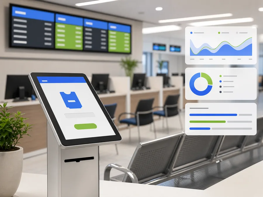 Digital queue kiosk and reception analytics dashboard